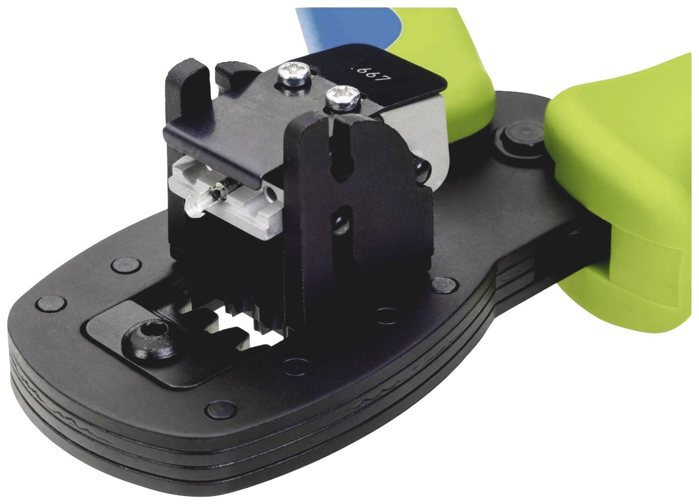 Szczypce do zaciskania z zielonym uchwytem, odpowiednie do zaciskania kabli lub złączy, z czarno-srebrnym mechanizmem zaciskowym na górze.