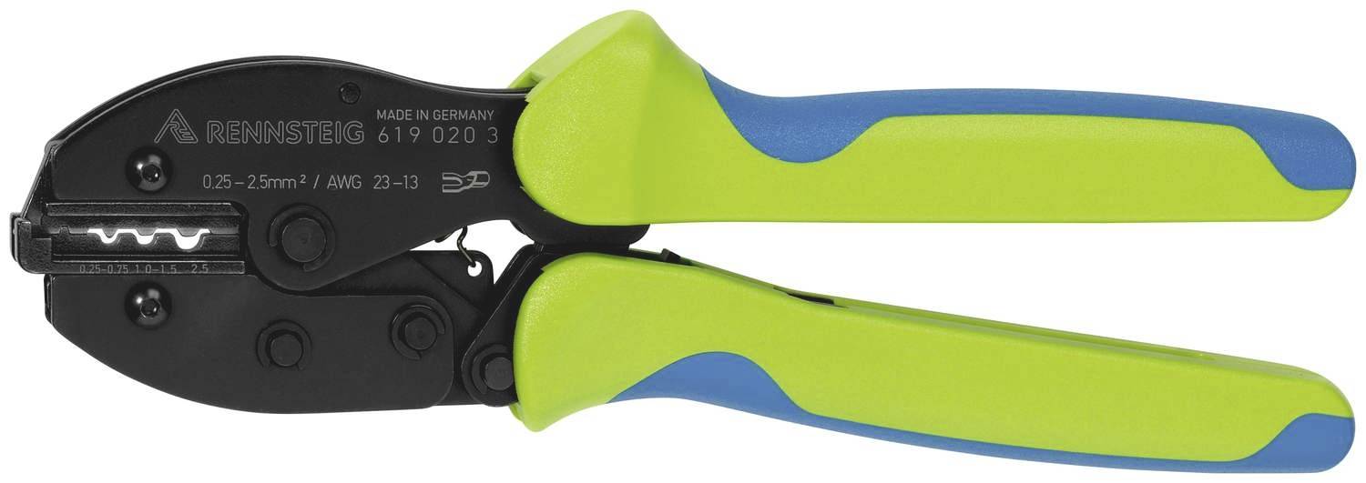 Zielone i niebieskie szczypce do zaciskania z czarną rękojeścią, przydatne do zdejmowania izolacji i zaciskania przewodów o różnych rozmiarach.