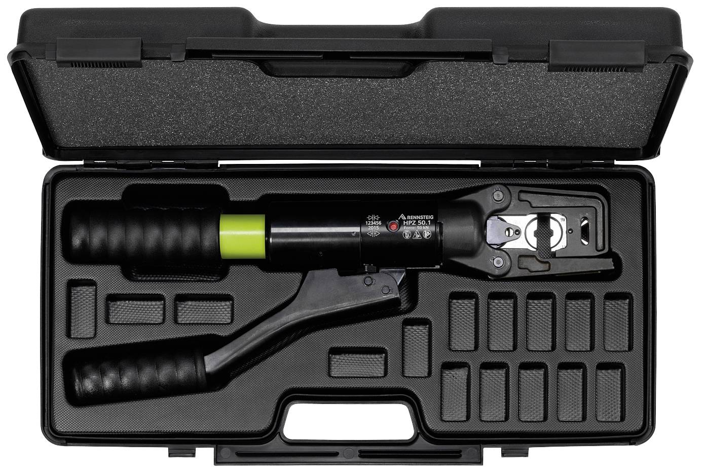 Hydrauliczny obcinacz do rur w czarnej otwartej walizce z tworzywa sztucznego z wyprofilowaną wkładką piankową do bezpiecznego przechowywania.