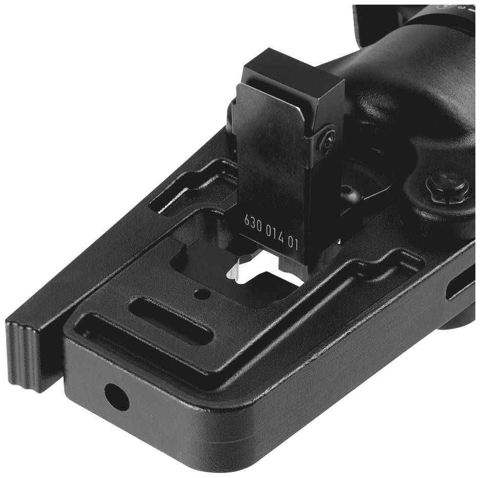 Metalowe złącze zawiasowe z systemem sprężynowym, prawdopodobnie do mebli lub drzwi, w kolorze czarnym. Kod '630 014 01' wygrawerowany na powierzchni.