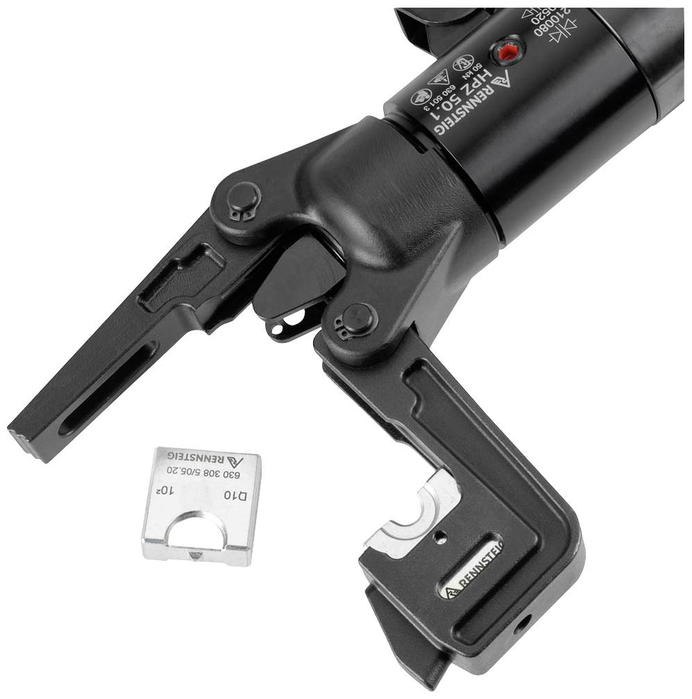 Obraz przedstawia przemysłowe szczypce zaciskowe z wymienną końcówką zaciskową. Końcówka leży po lewej stronie otwartych szczypiec.