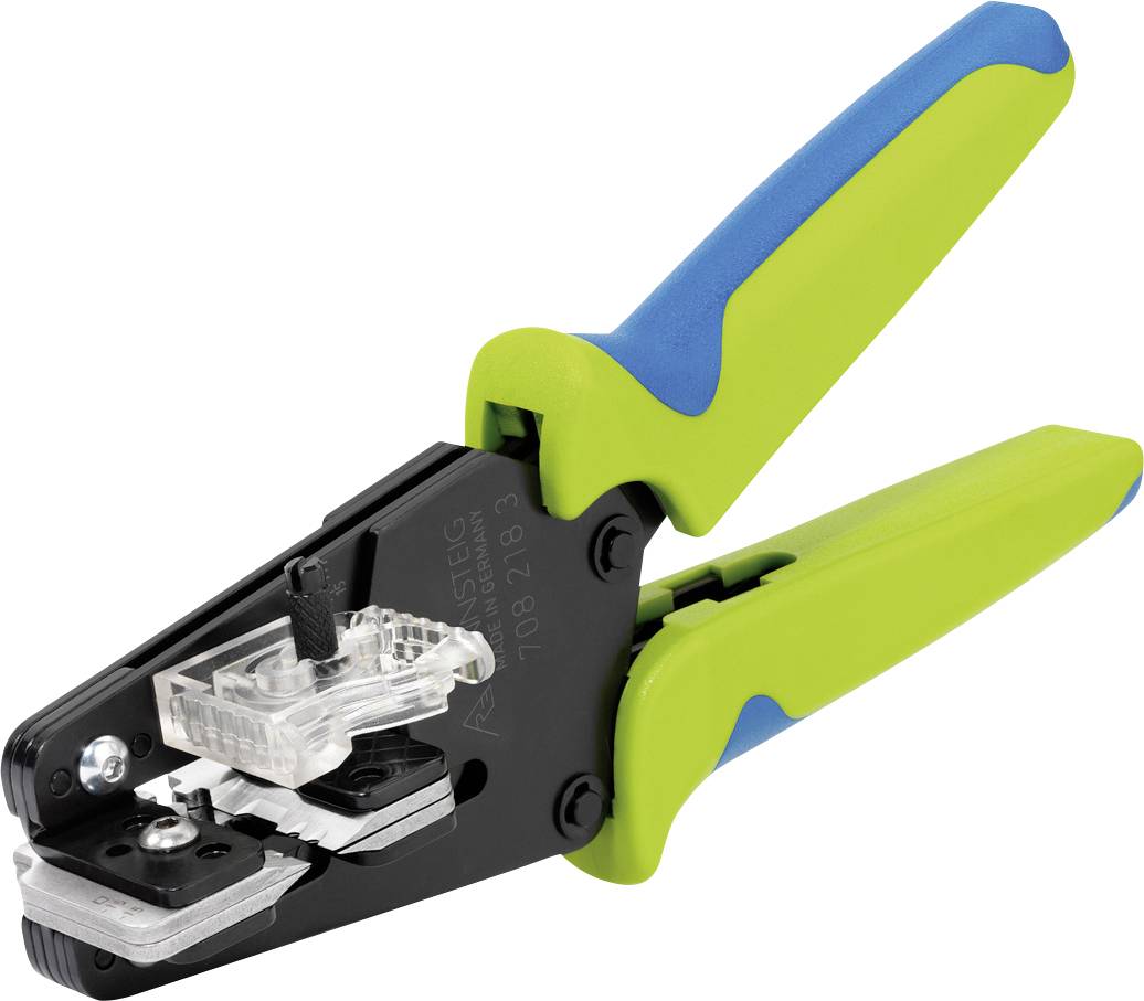 Szczypce z zielono-niebieskim uchwytem do zdejmowania izolacji lub zaciskania kabli, na białym tle.