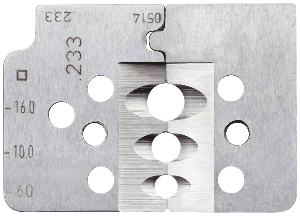 Metalowe narzędzie z wieloma okrągłymi otworami i wygrawerowanymi liczbami. Oznaczenia: '233', '16.0', '10.0', '6.0'.