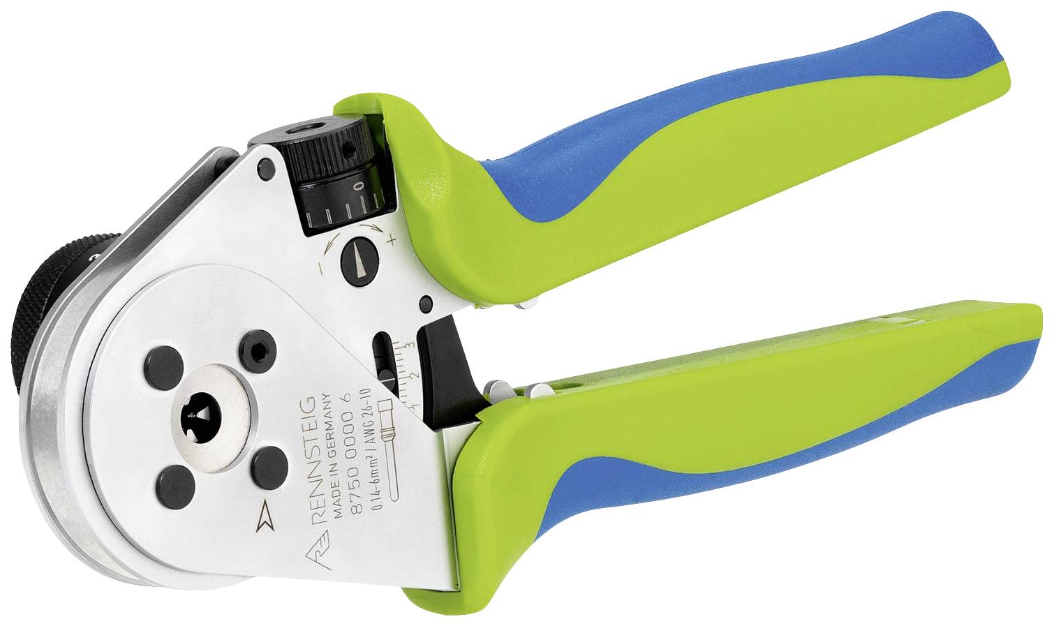 Zielona i niebieska szczypce zaciskowe z srebrną głowicą, odpowiednie do pracy z kablami i złączami w rzemiośle lub elektronice.