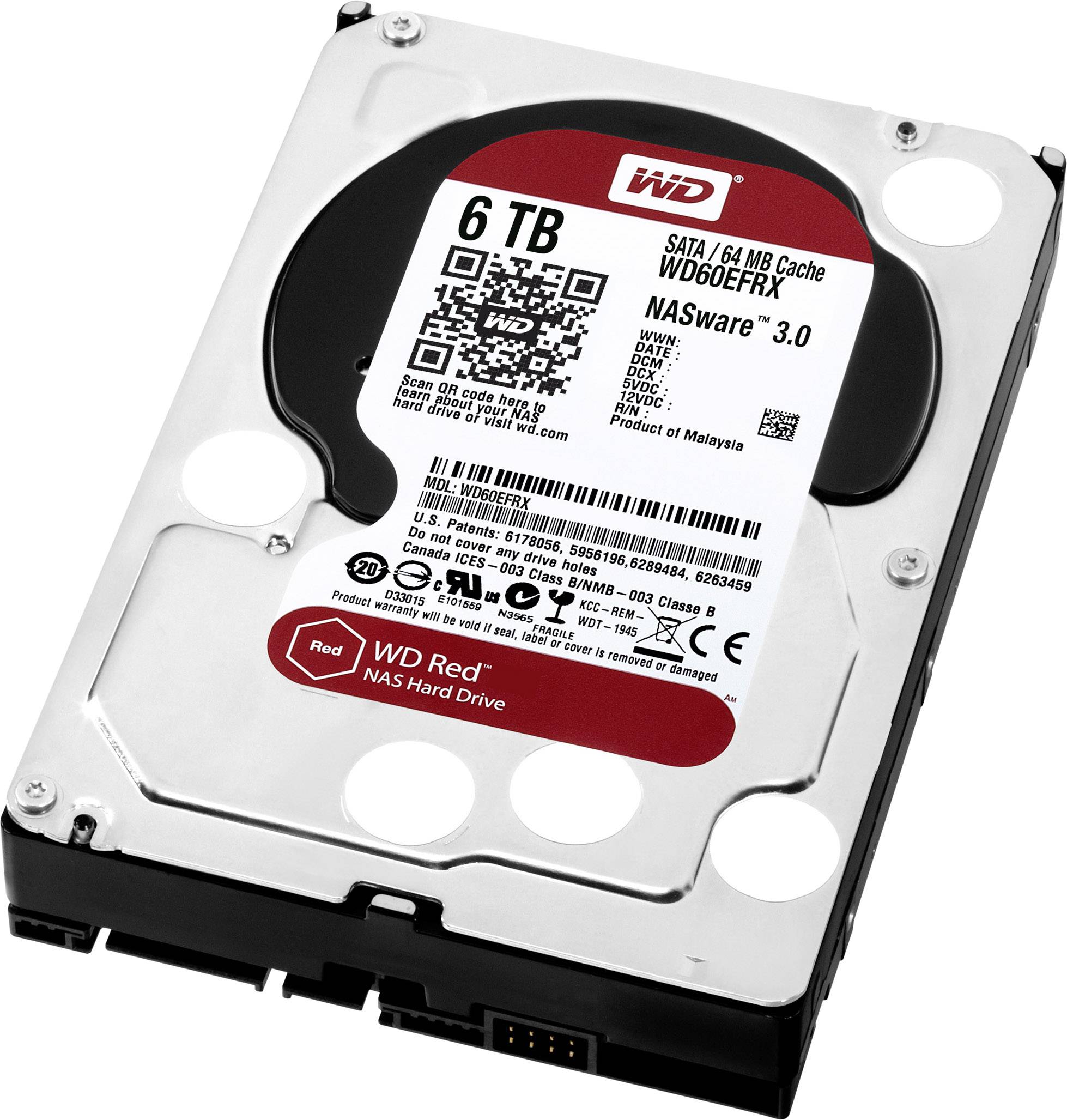 Dysk twardy Western Digital, 6 TB, model WD60EFRX, przeznaczony do systemów NAS. Złącze SATA, pamięć podręczna 64 MB, kolor czerwony z etykietą produktu.