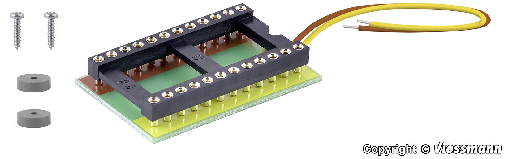 Płytka obwodów zintegrowanych z przezroczystą osłoną, pokazująca nóżki i obwody, dwie śruby montażowe i dwie gumowe podkładki.