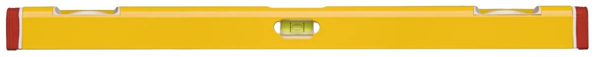 Żółta poziomica z czerwonym końcem i kreską libelli pośrodku do wyrównywania powierzchni.