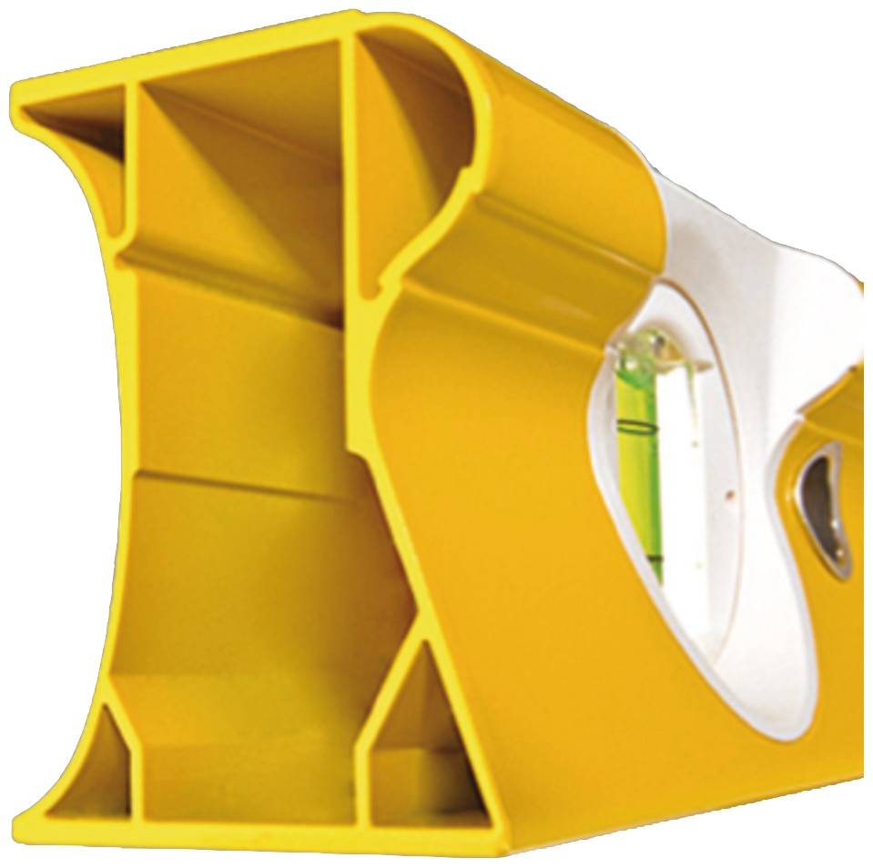 Żółty, plastikowy kątomierz z wbudowaną poziomicą, stosowany do precyzyjnych pomiarów kątów i wyrównywania powierzchni w projektach budowlanych.