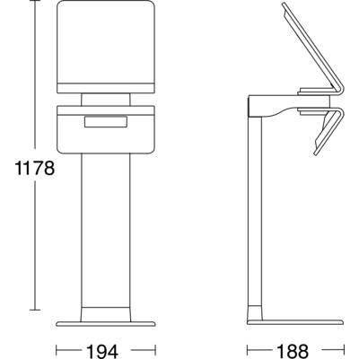 Rysunek liniowy samostojącego dystrybutora lub kioski przedstawiony w widoku z przodu i z boku, z wymiarami 1178 mm wysokości, 194 mm szerokości i 188 mm głębokości.