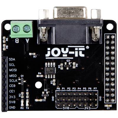 Płytka elektroniczna z różnymi złączami i oznaczeniami. Głównym złączem jest port szeregowy. Powyżej widnieje napis 'joy-it'.