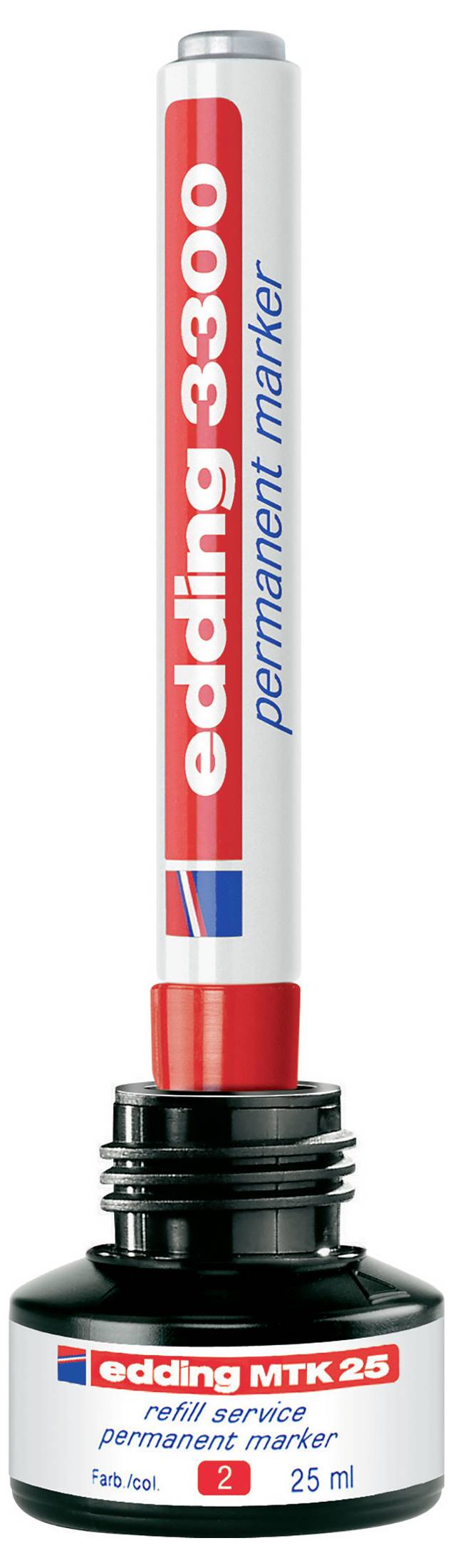 Marker permanentny Edding 3300 w kolorze czerwonym, pokazany w pozycji pionowej z odkręconą nasadką i czarną podstawą wkładu, oznaczony Edding MTK 25, 2, 25 ml.