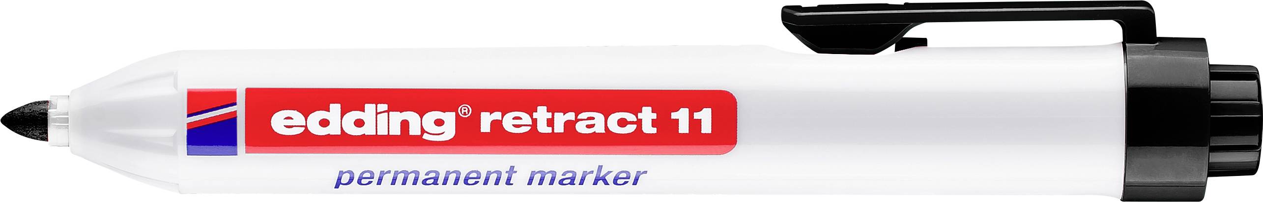 Biały wysuwany marker permanentny Edding 11 z czerwonym logo i niebieską nasadką, pokazany poziomo na białym tle.