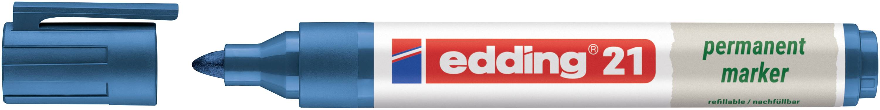 Niebieski marker permanentny Edding 21 z nakrywką pokazaną obok końcówki, oznaczony czerwono-białym logo edding 21.