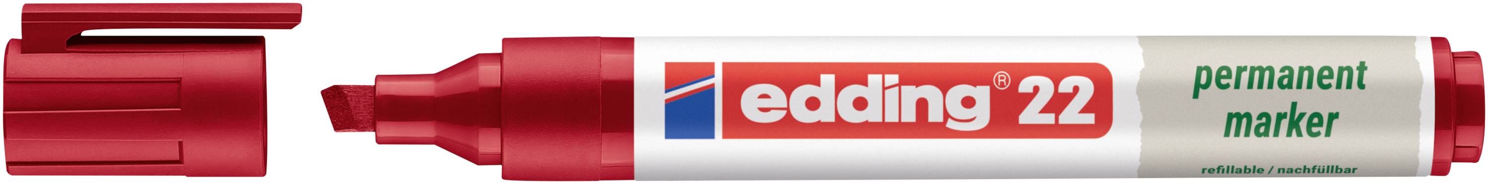 Czerwony trwały marker z kapturkiem, oznaczony „edding 22" i „permanent marker".