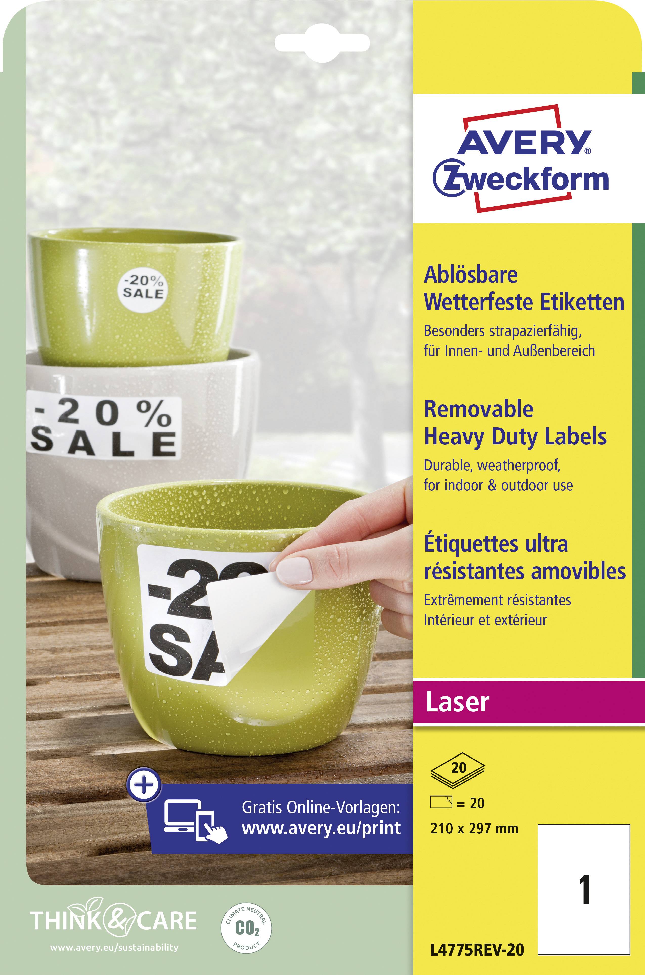 Opakowanie etykiet Avery Zweckform, prezentacja naklejki '20% RABAT' na kubkach. Do zdejmowania, wodoodporne, nadające się do stosowania wewnątrz i na zewnątrz.