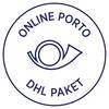 Logo z tekstem 'Online Porto DHL Paket' otacza stylizowany róg pocztowy.