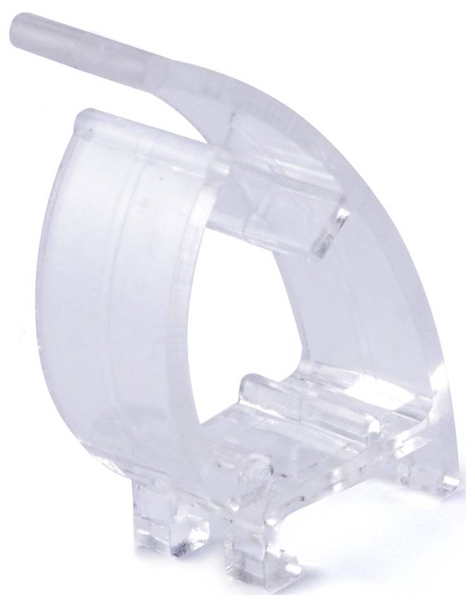 Przezroczysty, plastikowy klips w kształcie litery C z małym występem po jednej stronie, używany do trzymania lub mocowania różnych przedmiotów.