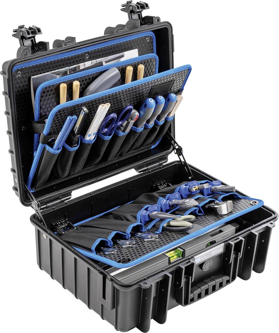 Otwarty kufer narzędziowy prezentuje różne narzędzia, w tym szczypce i śrubokręty, starannie ułożone w przegródkach.