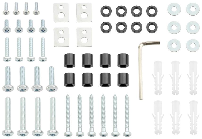 Zestaw śrub metalowych i plastikowych, kołków i podkładek obok klucza sześciokątnego, wszystkie odpowiednie do montażu naściennego.