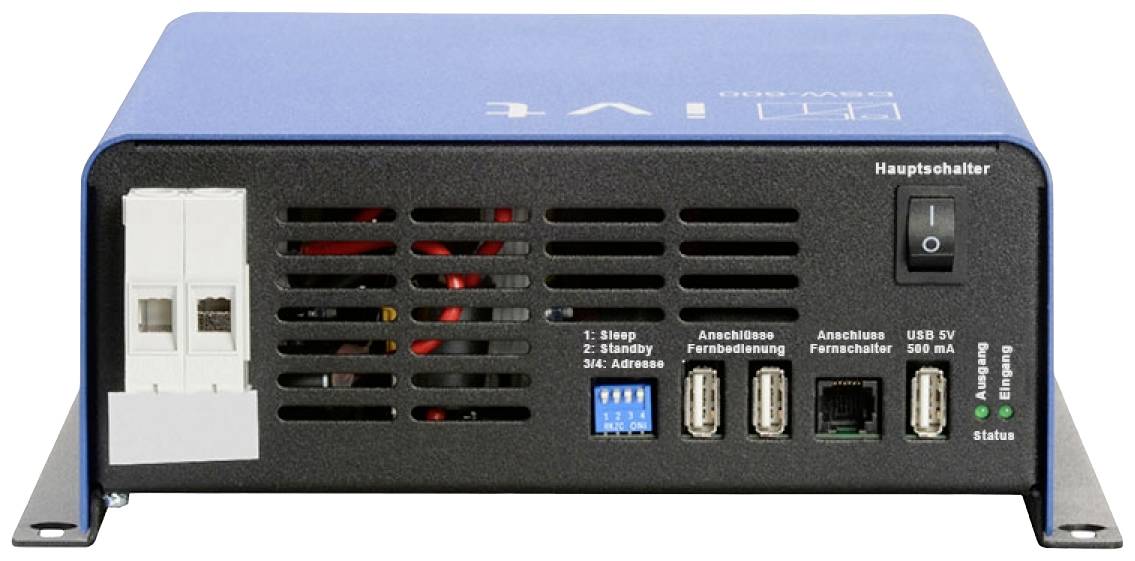 Niebieskie urządzenie elektroniczne z głównym włącznikiem, kilkoma gniazdami przyłączeniowymi i wskaźnikami statusu z przodu.