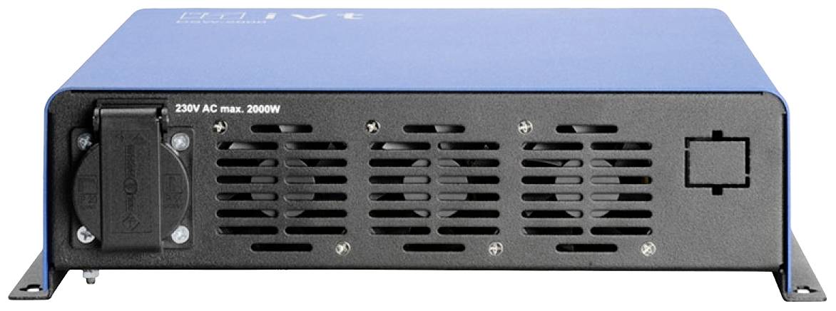 Niebieski elektryczny przetwornik napięcia z trzema otworami wentylacyjnymi i jednym gniazdem elektrycznym. Opis: '230V AC maks. 2000W'.