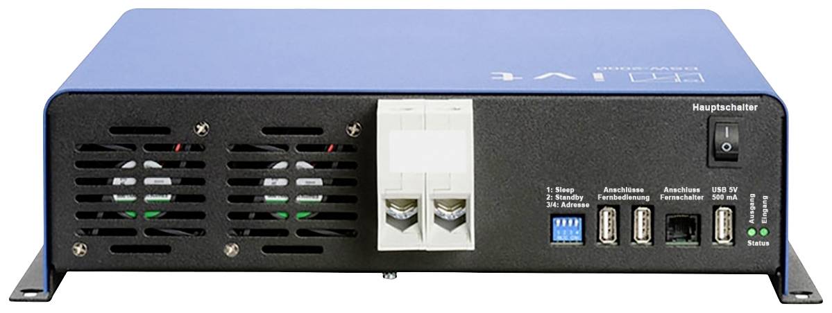 Niebieskoczarny sprzęt elektroniczny z wentylatorami, portami i głównym włącznikiem z przodu.