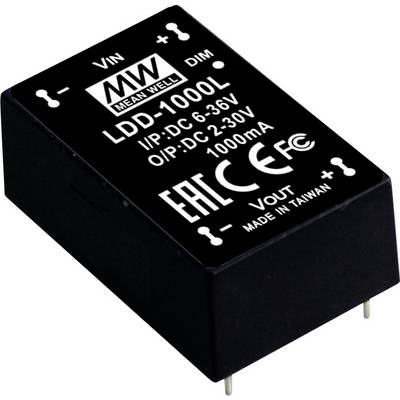 Przetwornica DC-DC Mean Well LDD-1000L, zasilanie 6-36V, wyjście 1000mA, kompaktowa, czarna, o prostokątnej obudowie.