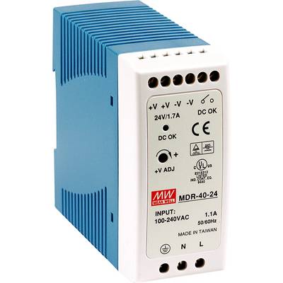 Zasilacz 'Mean Well MDR-40-24', wejście 100-240VAC, wyjście 24V/1.7A. Certyfikaty: UL, CE. Wyprodukowany na Tajwanie.
