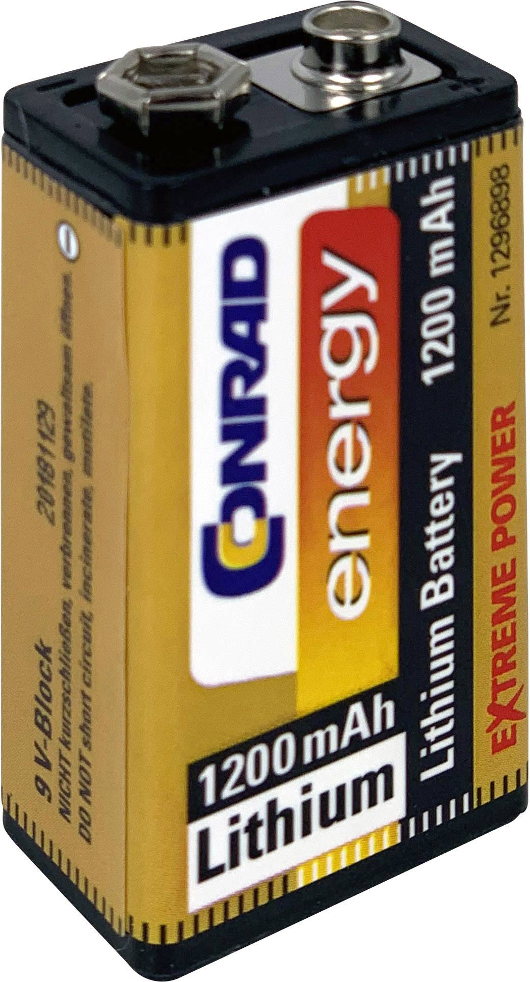 Bateria litowa z logo 'Conrad energy'; 9 V, 1200 mAh, kształt prostokątny, odpowiednia do zastosowań wysokowydajnościowych.