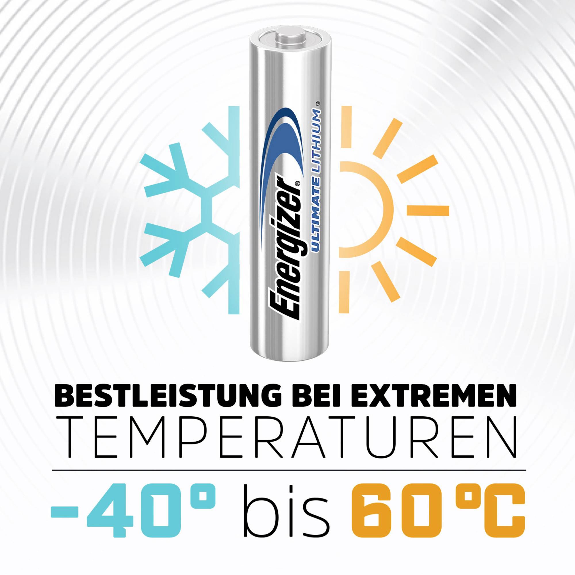 Bateria 'Energizer Ultimate Lithium' między symbolami płatków śniegu i słońca. Tekst: 'Najwyższa wydajność w ekstremalnych temperaturach od -40° do 60°C'.