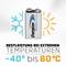 'Baterie Energizera prezentowane w temperaturach od -40°C do 60°C. Po lewej stronie płatek śniegu, po prawej słońce.'