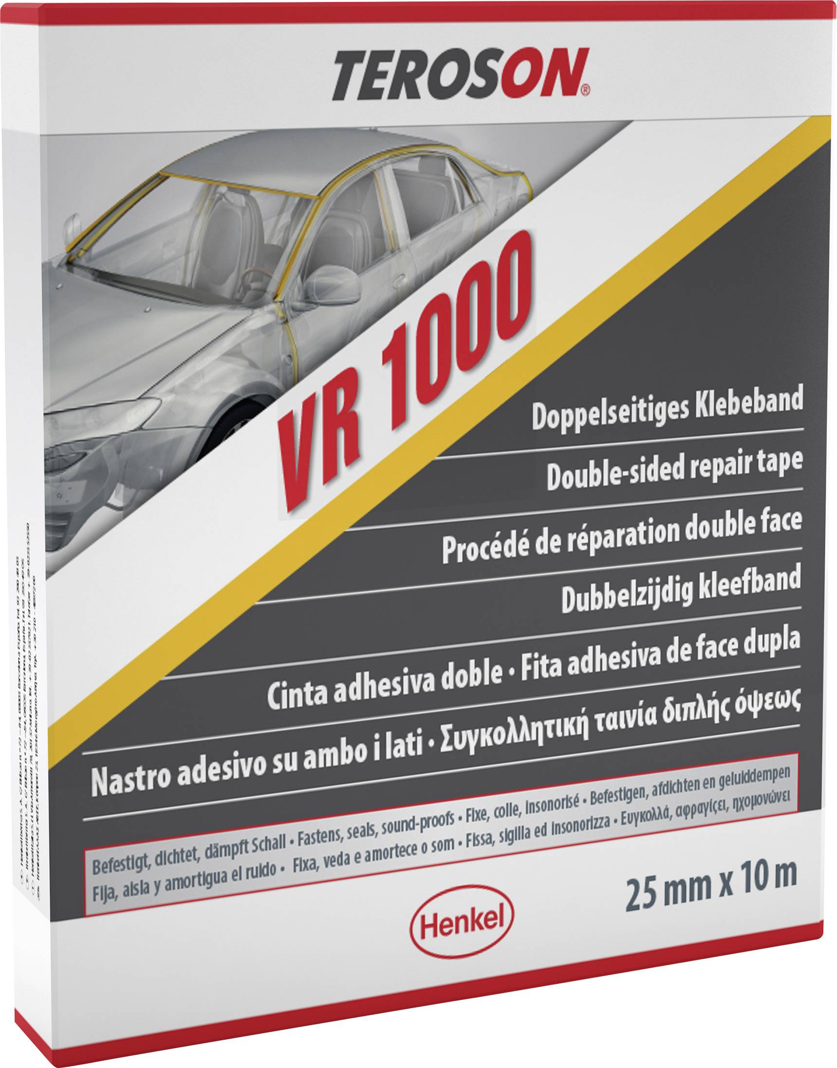 Opakowanie taśmy naprawczej Teroson VR 1000 obustronnie przyczepnej, z grafiką samochodu i wielojęzycznym tekstem produktu, 25 mm x 10 m.