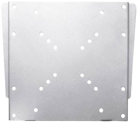 Srebrna metalowa płyta z wieloma symetrycznie rozmieszczonymi otworami. Wydaje się być przeznaczona do montażu lub mocowania.