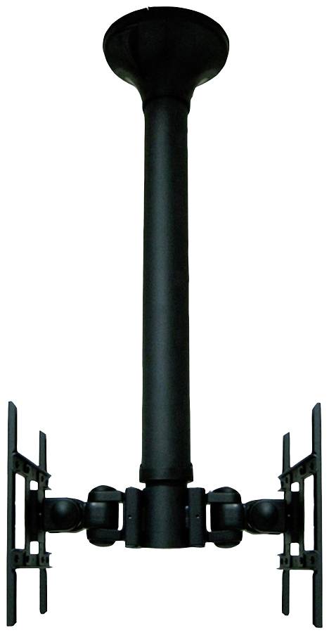 Czarna podwieszana podstawa sufitowa na dwa monitory z regulowanymi ramionami. Idealna do środowisk biurowych.