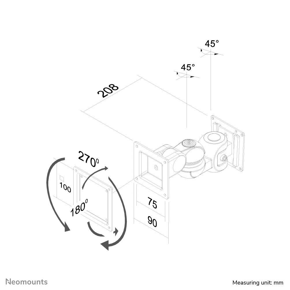 Rysunek techniczny uchwytu do monitora z obrotem 270°, regulacją pochylenia 180° oraz możliwością nachylenia pod kątem 45°. Długość: 208 mm.