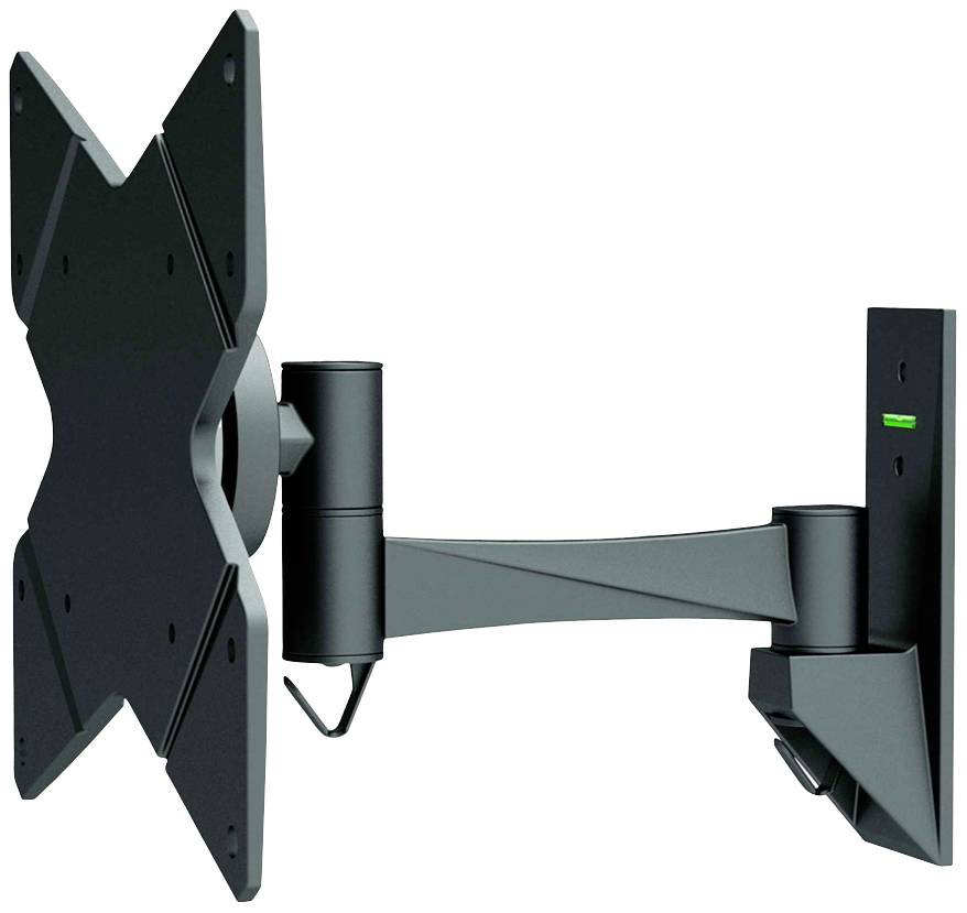 Metalowy uchwyt ścienny do telewizora z obrotową płytą w kształcie litery X, wysunięty na bok i zamontowany na ścianie, przeznaczony do płaskich ekranów telewizyjnych.