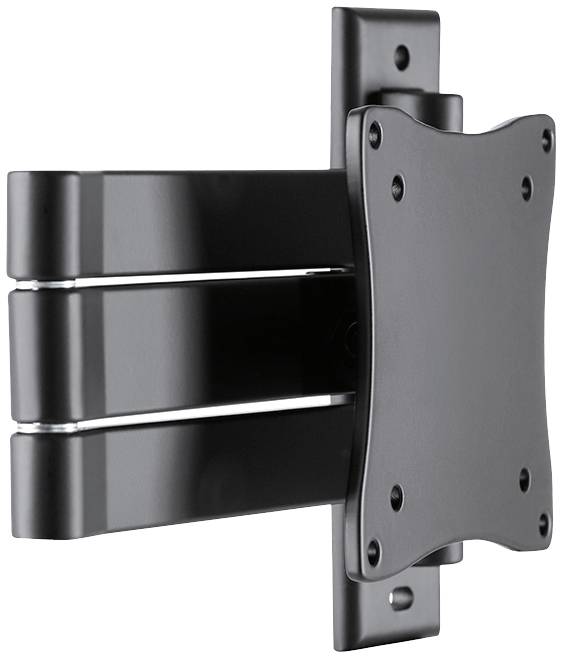 Czarna ścienna podstawa do telewizora z ruchomym ramieniem i wieloma otworami montażowymi do mocowania na ścianie i telewizorze.