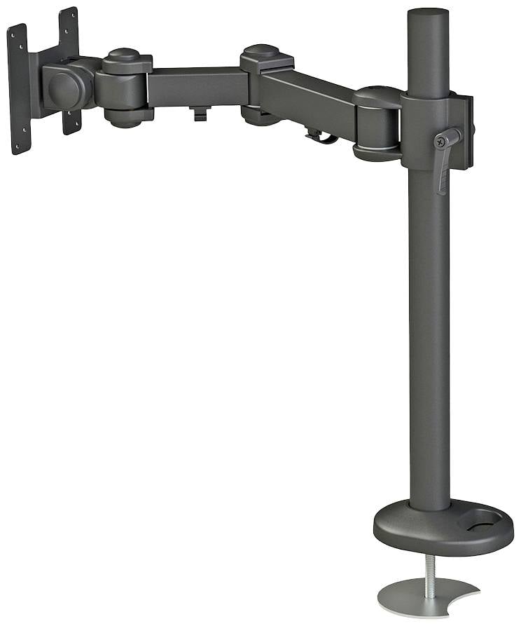 Elastyczne ramię monitora z metalu, zamocowane na biurku. Regulowane w wysokości i kącie nachylenia, zapewniające ergonomiczne ustawienie monitora.