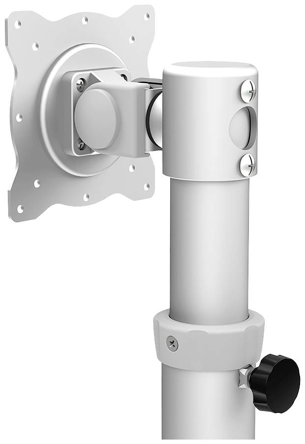 Srebrno-szary metalowy uchwyt na monitor z przegubem, który można zamontować na biurku lub ścianie, zapewniający elastyczne ustawienie ekranu.