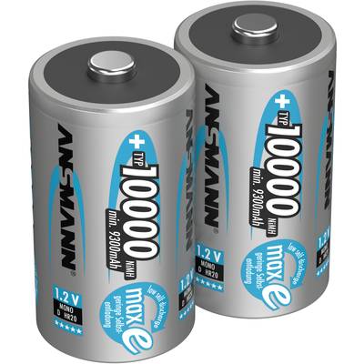 Dwie srebrne baterie marki Ansmann o pojemności 10000 mAh, typ Mono D HR20, 1,2 V.