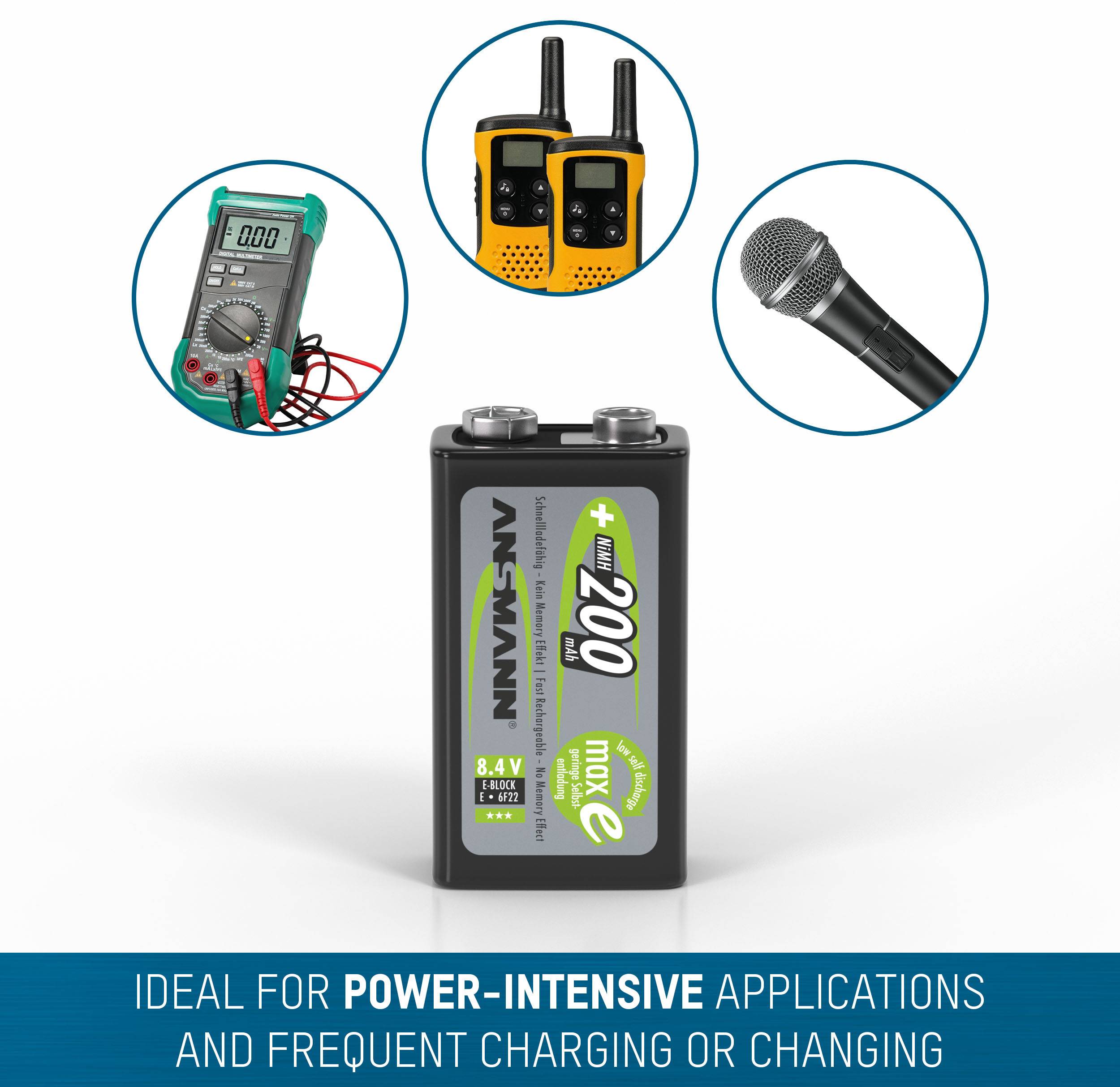 Bateria Ansmann '9V 200 MAX E' otoczona mikrofonem, radiotelefonem i multimetrem. Poniżej napis: 'Idealna do zastosowań wymagających dużej mocy oraz częstego ładowania lub wymiany'.
