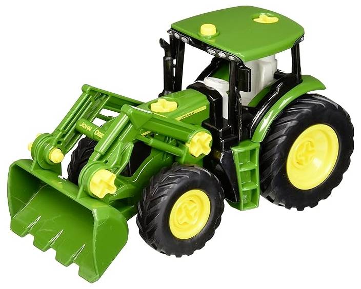 Zielony zabawkowy traktor z ładowaczem czołowym, wyposażony w żółte koła i szczegółowo opracowane komponenty, przedstawiony na jednolitym białym tle.
