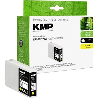 Wkład atramentowy marki KMP, zastępujący Epson T7024, kolor żółty, na opakowaniu widnieje napis "Premium Quality Inkjet Cartridge".