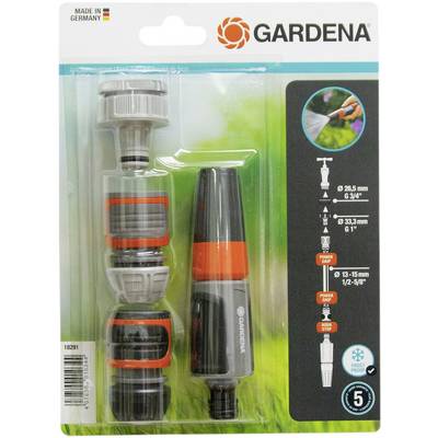 Zestaw złączek wędowych Gardena w opakowaniu plastikowym. Zawiera adaptery do węży i zatrzymanie wody w różnych rozmiarach. Produkt z Niemiec.