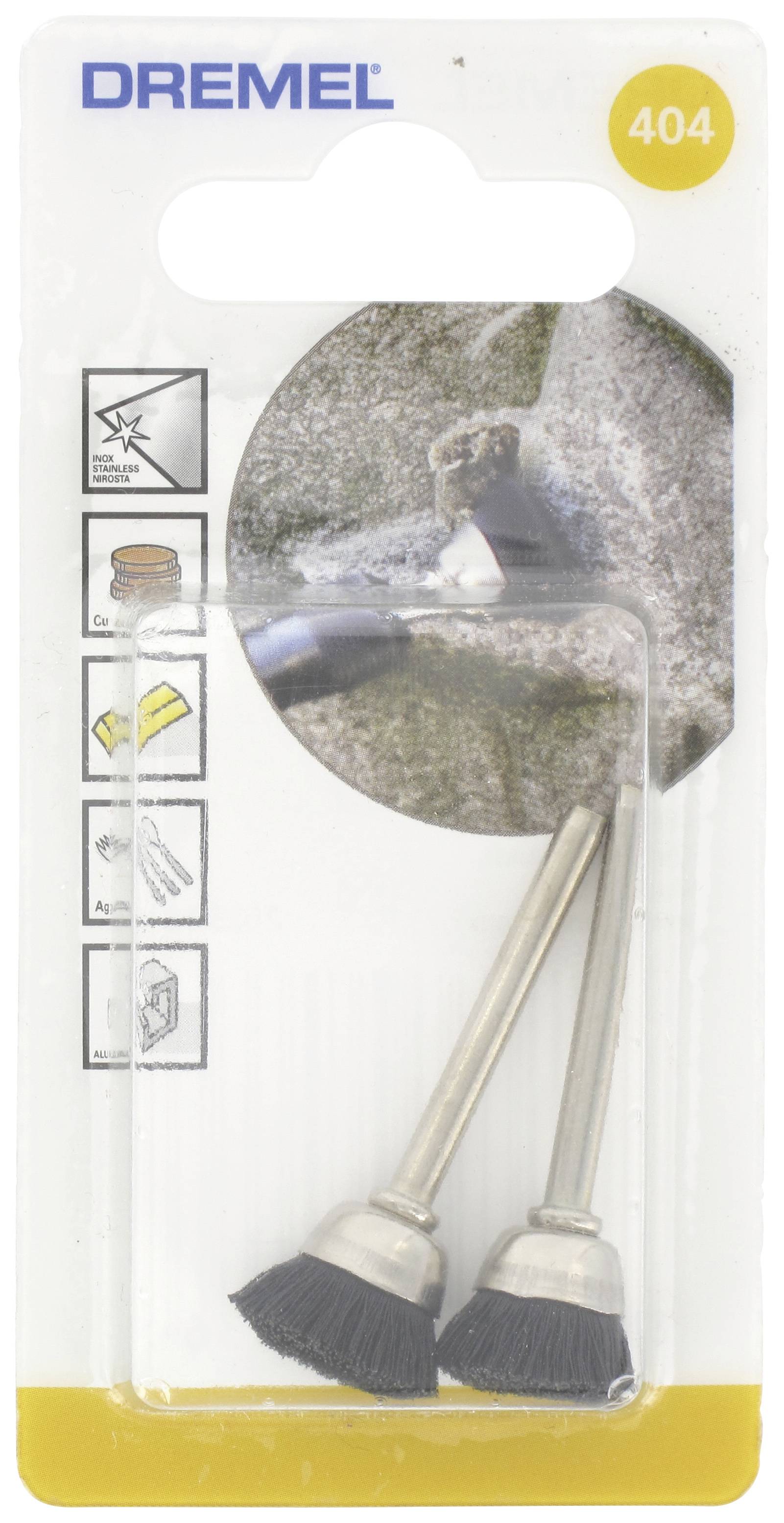 Dwie końcówki szczotkowe Dremel w plastikowym opakowaniu do narzędzi obrotowych. Opakowanie prezentuje zastosowania: czyszczenie, polerowanie.