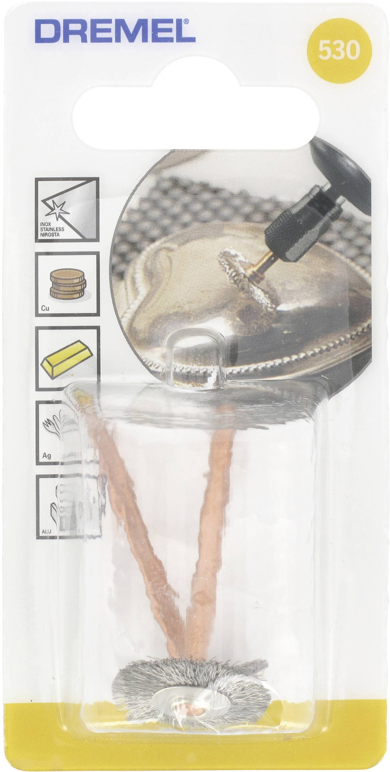 'Akcesoria Dremel 530: Szczotka druciana do czyszczenia i polerowania miękkich metali, takich jak miedź, mosiądz i srebro.'