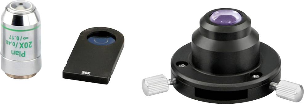Obiektyw mikroskopowy, 20-krotne powiększenie, z akcesoriami montażowymi i nasadką ochronną. Odpowiedni do zastosowań laboratoryjnych.