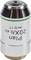 Metalowe mikroskopu obiektyw z napisem 'Plan 20X/0.40'. Górna część błyszcząca, zielony pasek oznacza krawędź.