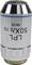 Obiektyw powiększający z napisem '50X/0.70 LPL'. Srebrnego koloru z niebieskim paskiem. Używany w urządzeniach laboratoryjnych.
