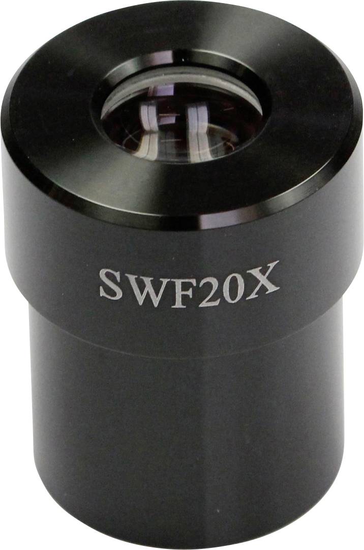 Czarny mikroskopowy obiektyw z napisem 'SWF20X', pokazujący ustawienie powiększenia.